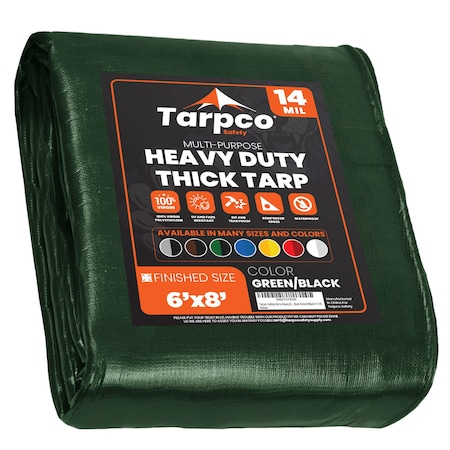 Tarpco Safety Heavy Duty Tarp, 8 ft L x 0.5 mm H x 6 ft W, 14 Mil, Green/Black, Polyethylene TS-103-6X8